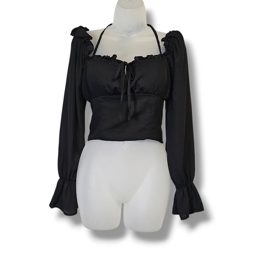 Dazy Milkmaid Crop Top L Womens Black Ruffle Smocked Renaissance Dark Romantic